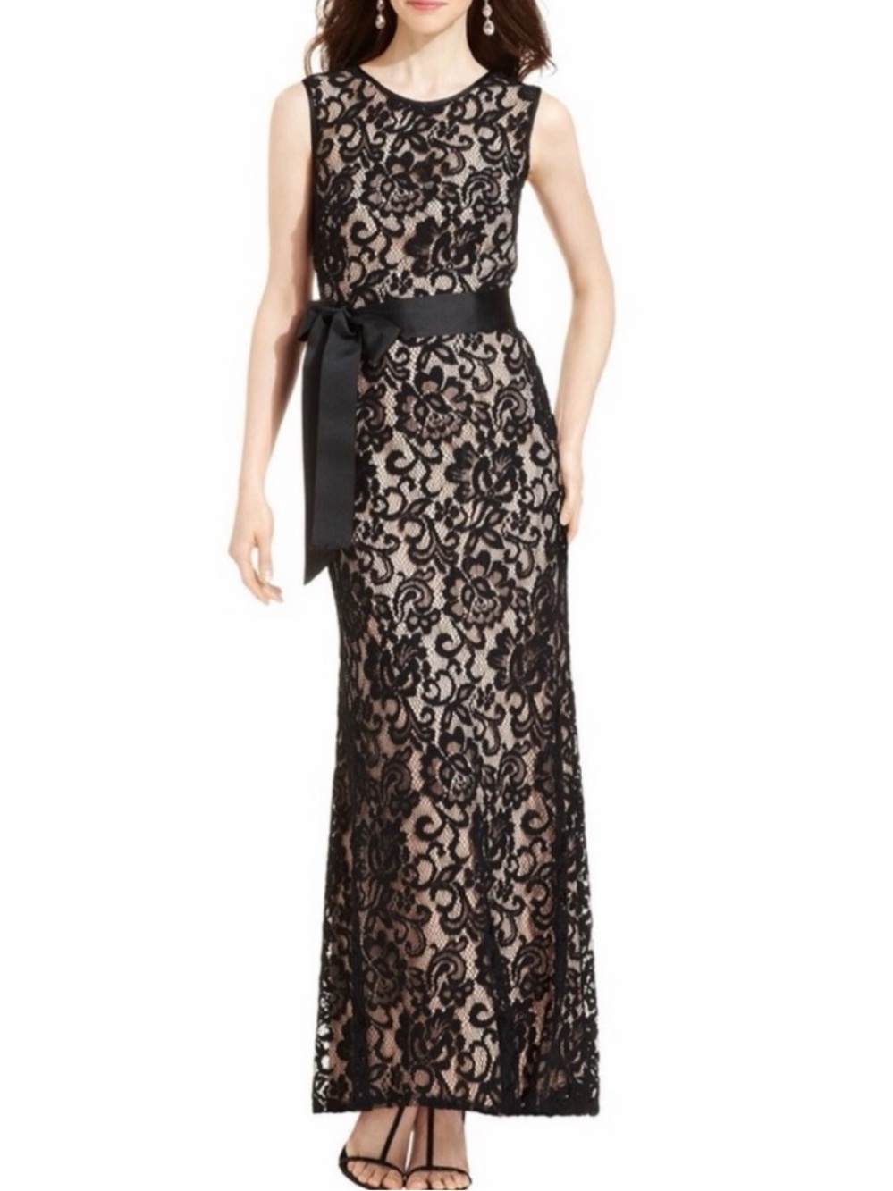 Betsy & Adam Black Lace Maxi Dress with Nude Lining and Ribbon Sash #1295